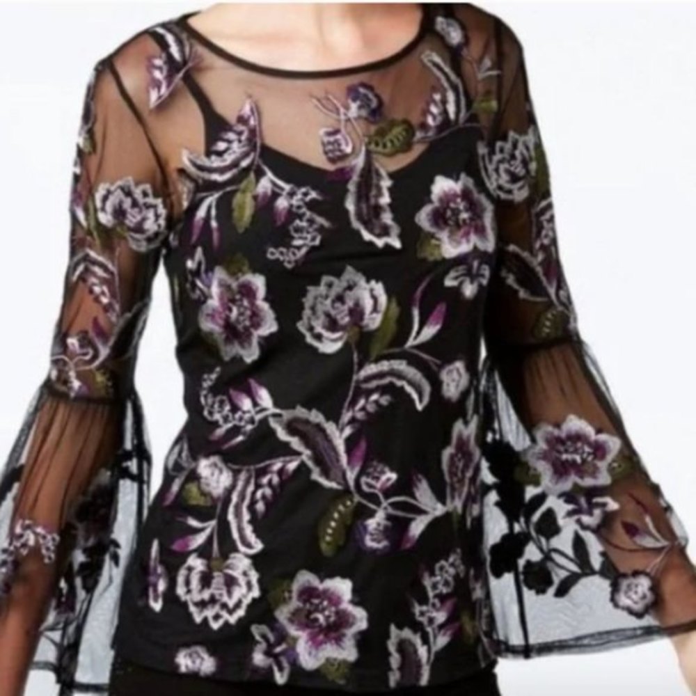 INC International Concepts PS Black Floral Embroidered Mesh Bell Sleeve Y2K top